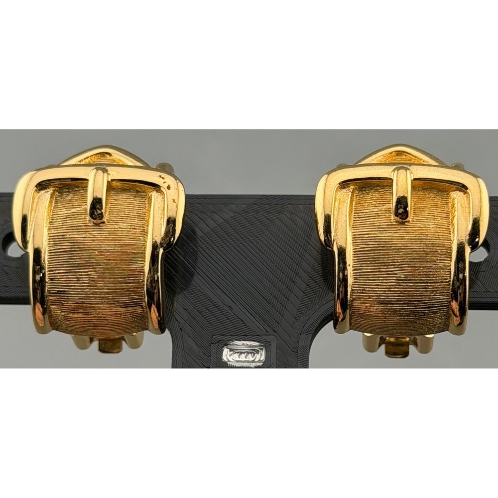 Vintage Christian Dior Earrings Gold Tone Belt Buckle Clip Signed 3/4"